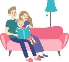 Parents and daughter spending quality time together, reading a book on a comfortable sofa in their living room, creating a warm and loving family atmosphere vector