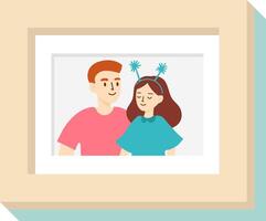 Smiling couple enjoying a joyful moment, with the woman wearing a whimsical headband featuring playful antennas, beautifully framed in a light brown frame with passepartout vector