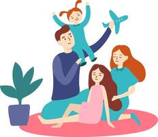 Parents engaging in playful activities with their daughters, lifting the youngest while holding a toy airplane, all while sitting together on a cozy rug indoors vector