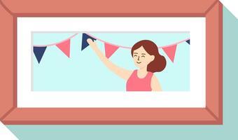 Event organizer preparing vibrant decorations, hanging colorful triangle flags on a string within a picture frame, creating a festive atmosphere for an upcoming celebration vector