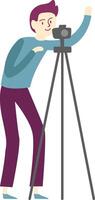 Cameraman taking photos or recording looking through camera on tripod and waving hand, simple flat illustration on white background vector