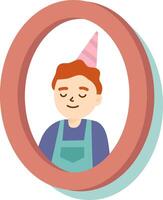 Cartoon style illustration of a young smiling boy wearing party hat and apron inside an oval frame, celebrating a birthday or special event vector