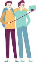 Two male friends, backpacks slung over their shoulders, capturing a joyful selfie with a stick, celebrating their adventurous journey together in a vibrant outdoor setting vector