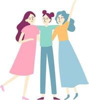 Three female friends hugging each other, celebrating their strong bond and showcasing support, creating a heartwarming scene filled with unity, joy, and shared happiness vector