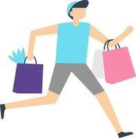 Happy customer running joyfully while holding colorful shopping bags after a successful shopping spree, celebrating purchases and discounts in a vibrant consumerism moment vector
