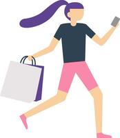 Happy customer running, holding shopping bags and using a smartphone, going home after shopping or rushing to sales, flat illustration isolated on white background vector