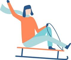 Young woman enjoys winter activities, sledding down a snowy hill while waving her arm and wearing warm clothing, creating a joyful and dynamic scene of winter leisure vector