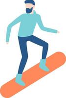 Minimalist illustration depicting a bearded man snowboarding down a snowy slope, capturing the essence of winter sports and outdoor activities in a dynamic and vibrant style vector