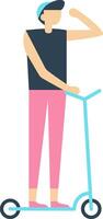 Stylish man wearing a cap, riding an electric scooter and looking away, captured in a simple, trendy flat illustration against a clean white background vector