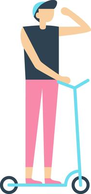 Stylish man wearing a cap, riding an electric scooter and looking away, captured in a simple, trendy flat illustration against a clean white background
