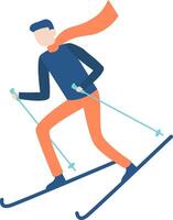 Stylish man practicing skiing while wearing an orange scarf and trousers, skillfully holding ski poles and gliding down a snowy slope in a vibrant winter landscape vector