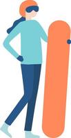 Snowboarder woman confidently walking while holding a vibrant orange snowboard, dressed in warm winter clothes, with helmet and goggles ready for an exciting day on the slopes vector