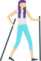 Purple haired woman practicing nordic walking with sticks, improving her physical condition and enjoying outdoor activity promoting healthy lifestyle vector