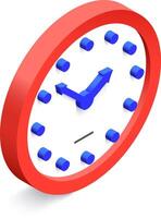 Minimalist isometric clock marking eight o'clock, with blue hands and hour markers, and a red circular frame, useful for representing concepts related to time management, deadlines, and scheduling vector
