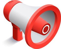 Red and white megaphone casting a shadow on a white background, making an important announcement, amplifying voice and spreading information vector