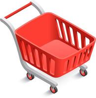 Red shopping cart waiting to be filled with groceries at the supermarket, featuring a long handle and four wheels, presented in isometric view against a white background vector