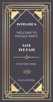 Golden frame adorned with intricate art deco ornaments sets the stage for a vintage party, inviting guests to save the date for an elegant celebration filled with glamour vector