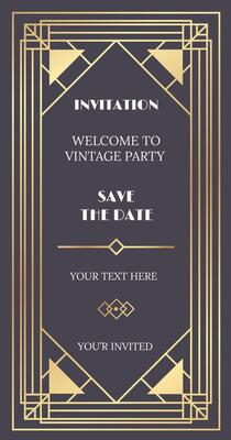 Golden frame adorned with intricate art deco ornaments sets the stage for a vintage party, inviting guests to save the date for an elegant celebration filled with glamour