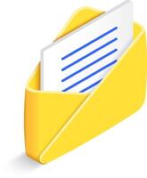 Yellow open isometric envelope containing letter with blue lines is sending a message, representing communication, messaging, email, and online correspondence vector