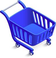 Empty blue shopping cart with a metal handle and wheels is depicted on a white background, representing online shopping and e commerce concepts vector