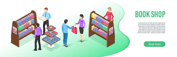 Bookstore clerks engaging with customers while showcasing a variety of books, surrounded by colorful bookshelves and promotional sale posters in an isometric view of the bookstore interior vector