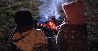 Handheld back view, Two Asian women in warm clothing sit roasting marshmallows over a campfire and chatting happily on a cold night. Winter weekend activity. video