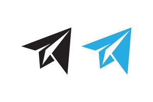 Two paper airplanes are shown in blue and black vector