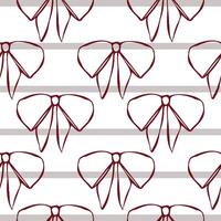 Hand drawn seamless pattern with elegant bows in red on striped background. Minimalist linear style. Perfect for textiles, wallpapers, gift wrapping, stationery, fashion prints, branding, packaging vector