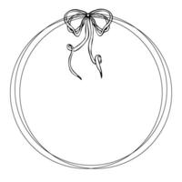 Hand drawn elegant circular frame with bow in linear style. Minimalist monochrome illustration. Perfect for invitations, greeting cards, logos, wedding designs, branding, prints, decorations vector