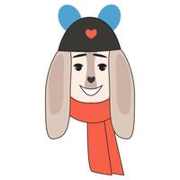 Smiling dog in a hat and scarf with heart decoration. illustration. vector