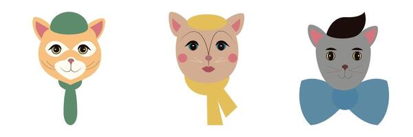 Three cats with unique accessories, showcasing fun and modern designs. vector
