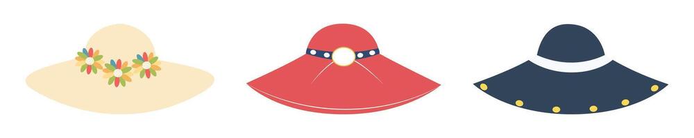 Three wide-brim hats in beige, red, and navy blue. illustration. vector