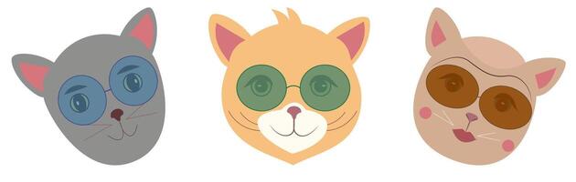 Three stylish cats wearing colorful sunglasses and smiling faces. vector
