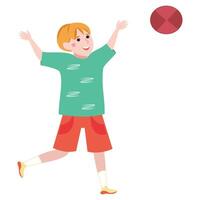 Cartoon of a boy in shorts playing with a red ball outdoors. vector