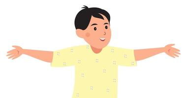 Smiling boy in a yellow shirt with arms spread wide open. vector
