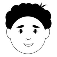 Minimalist black and white illustration of a smiling boy with curls. vector