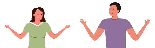 illustration of a man and woman gesturing with hands, appearing to discuss or explain something. vector