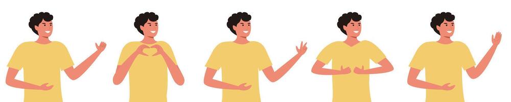 illustration of a man gesturing in various ways, showing different emotions and body language expressions. vector