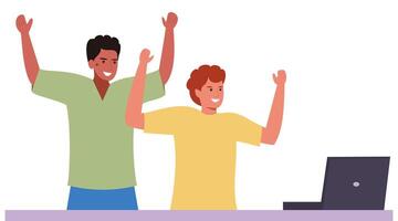illustration of two men celebrating success with raised arms in front of a laptop, showing happiness and achievement. vector