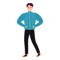 illustration of a man in a blue jacket and black pants, standing with hands in pockets, smiling confidently. vector