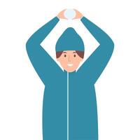 illustration of a man in a blue winter jacket and hat, smiling and holding a snowball above his head. vector