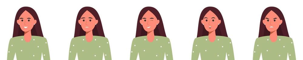 illustration of a woman displaying different facial expressions, showing emotions such as happiness, sadness, and surprise. vector
