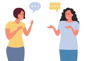 illustration of two women talking with speech bubbles, showing communication and conversation. vector