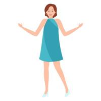 illustration of a woman in a teal sleeveless dress, smiling with open arms, ready to greet. vector