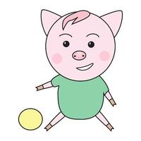Cute pig in green shirt enjoys playing with a yellow ball. vector
