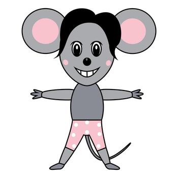 Cheerful mouse character stands with arms outspread and smiles. vector