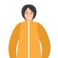 illustration of a woman in a yellow winter coat with a hood, smiling warmly, facing forward. vector