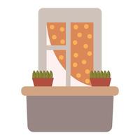 illustration of a window with orange polka dot curtains and potted plants, perfect for home decor and interior design projects. vector