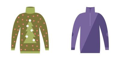 illustration of two sweaters, one with a Christmas tree design and the other in solid purple, ideal for holiday and winter fashion themes. vector
