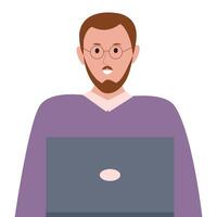 illustration of a man with glasses using a laptop, symbolizing technology, communication, remote work, and online activity. vector